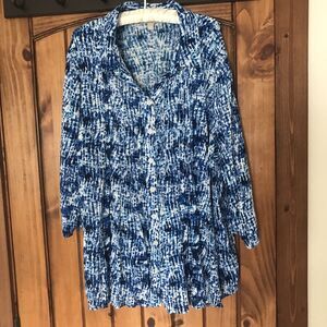 Woman Within Abstract Print Button Up Roll Tab Tunic Top 2XL 26/28 Resort NWOT